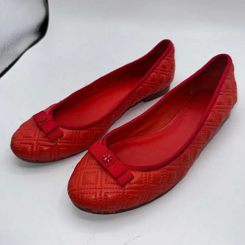 Tory Burch Marion Quilted Leather Ballet Flats Samba Red Bow Logo 7M Dress Shoes